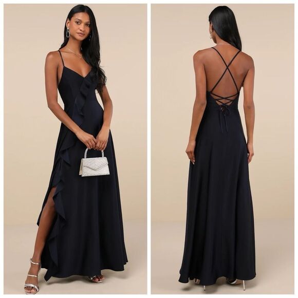 Lulus Stylish Grace Navy Blue Backless Lace-Up Ruffled Maxi Dress Size Small NEW - Picture 1 of 12